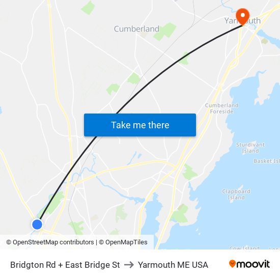 Bridgton Rd + East Bridge St to Yarmouth ME USA map