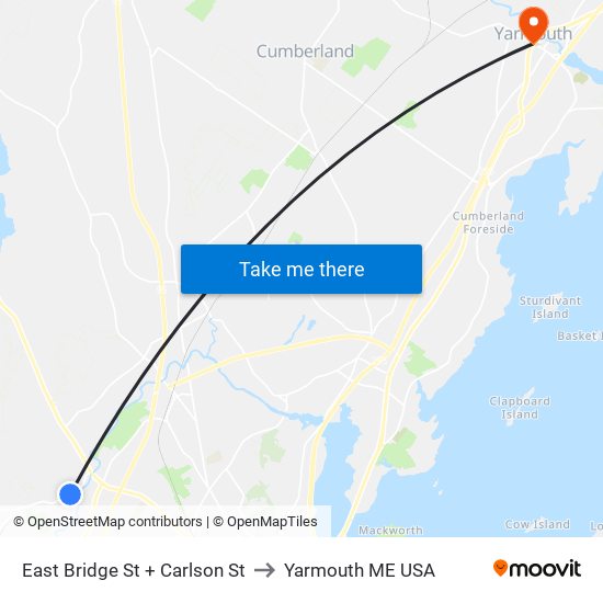 East Bridge St + Carlson St to Yarmouth ME USA map