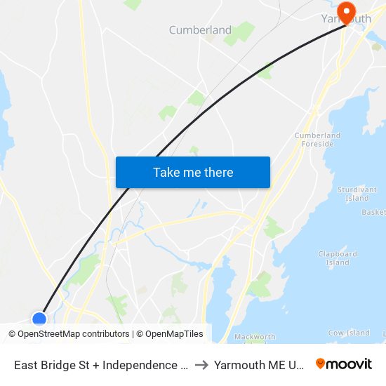 East Bridge St + Independence St to Yarmouth ME USA map