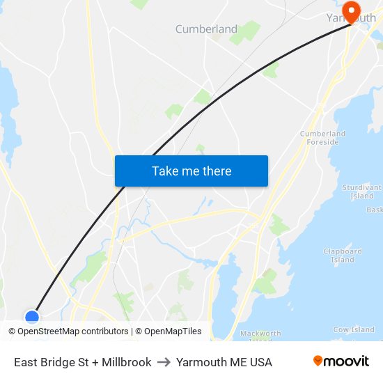 East Bridge St + Millbrook to Yarmouth ME USA map