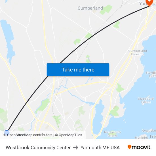 Westbrook Community Center to Yarmouth ME USA map