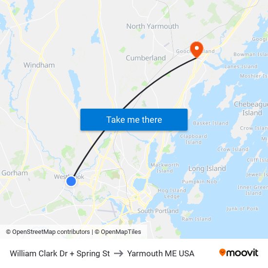 William Clark Dr + Spring St to Yarmouth ME USA map
