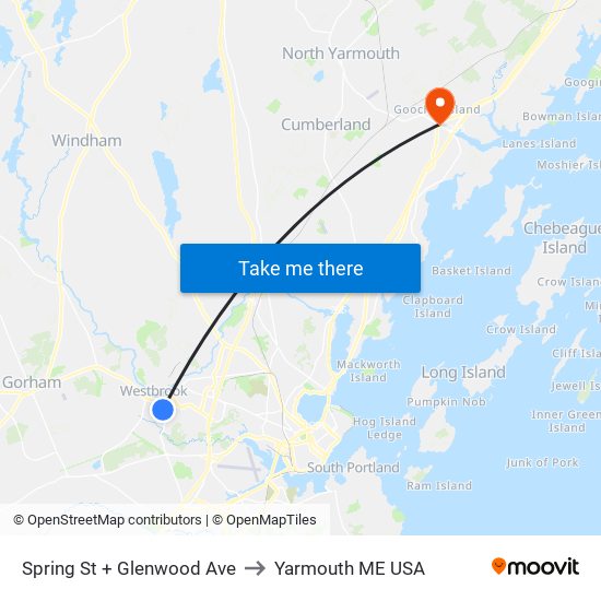 Spring St + Glenwood Ave to Yarmouth ME USA map