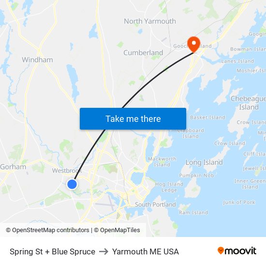 Spring St + Blue Spruce to Yarmouth ME USA map