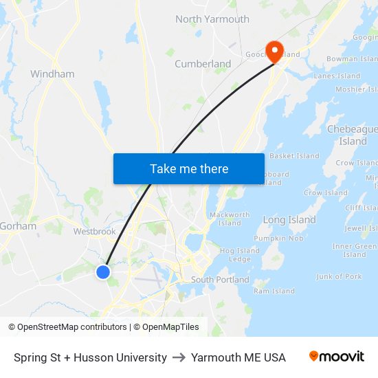 Spring St + Husson University to Yarmouth ME USA map