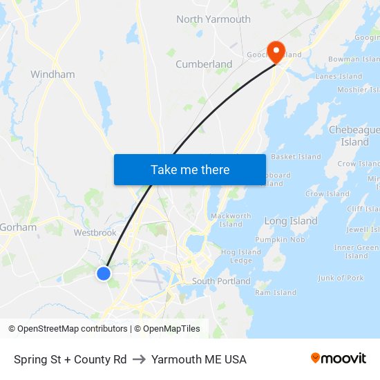 Spring St + County Rd to Yarmouth ME USA map