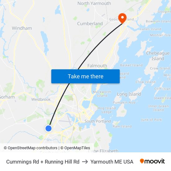 Cummings Rd + Running Hill Rd to Yarmouth ME USA map