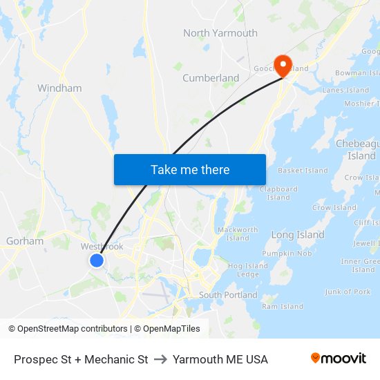 Prospec St + Mechanic St to Yarmouth ME USA map