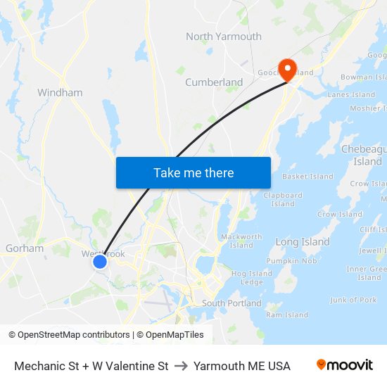 Mechanic St + W Valentine St to Yarmouth ME USA map