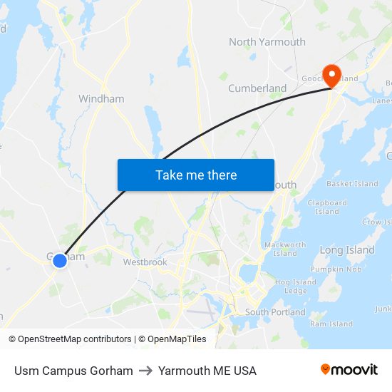 Usm Campus Gorham to Yarmouth ME USA map
