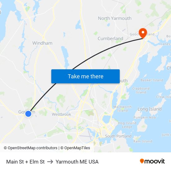 Main St + Elm St to Yarmouth ME USA map