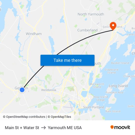 Main St + Water St to Yarmouth ME USA map