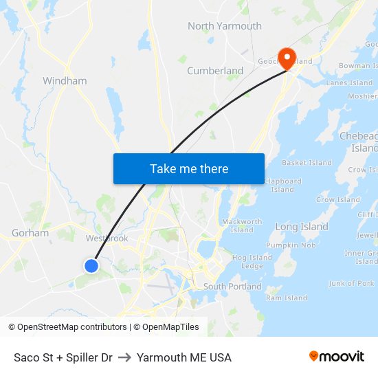 Saco St + Spiller Dr to Yarmouth ME USA map