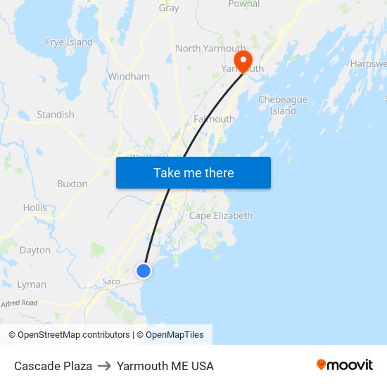 Cascade Plaza to Yarmouth ME USA map