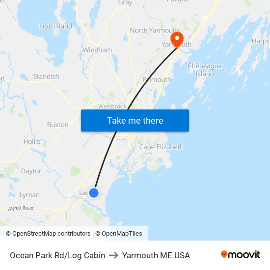 Ocean Park Rd/Log Cabin to Yarmouth ME USA map