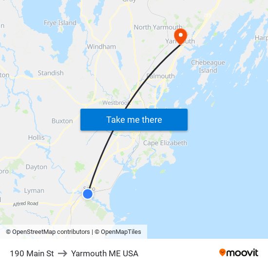 190 Main St to Yarmouth ME USA map