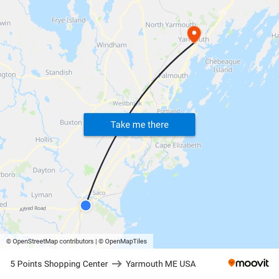 5 Points Shopping Center to Yarmouth ME USA map