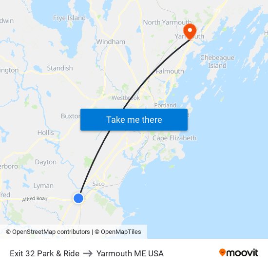 Exit 32 Park & Ride to Yarmouth ME USA map