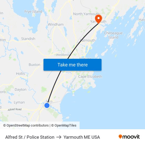 Alfred St / Police Station to Yarmouth ME USA map