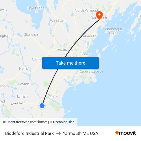 Biddeford Industrial Park to Yarmouth ME USA map