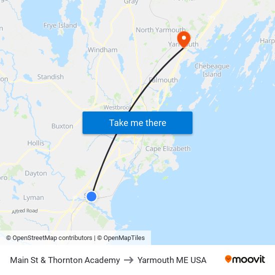 Main St & Thornton Academy to Yarmouth ME USA map
