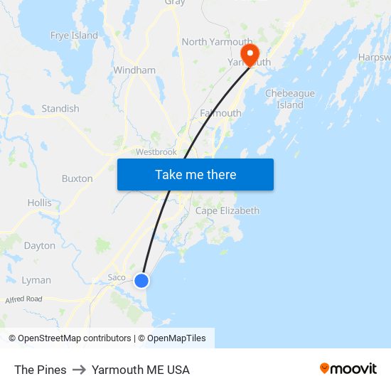 The Pines to Yarmouth ME USA map