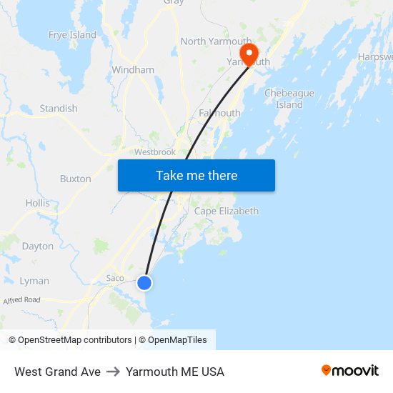 West Grand Ave to Yarmouth ME USA map