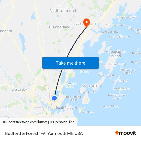 Bedford & Forest to Yarmouth ME USA map