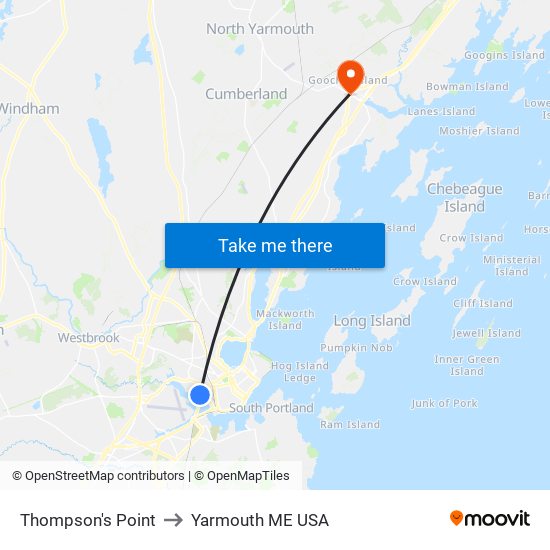 Thompson's Point to Yarmouth ME USA map