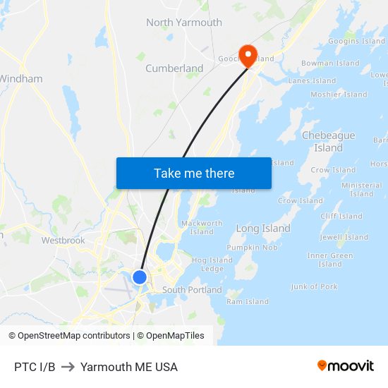 PTC I/B to Yarmouth ME USA map