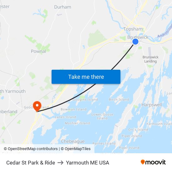 Cedar St Park & Ride to Yarmouth ME USA map