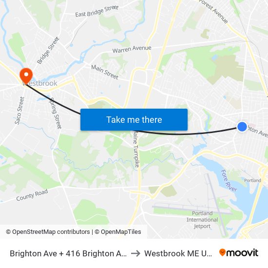 Brighton Ave + 416 Brighton Ave to Westbrook ME USA map