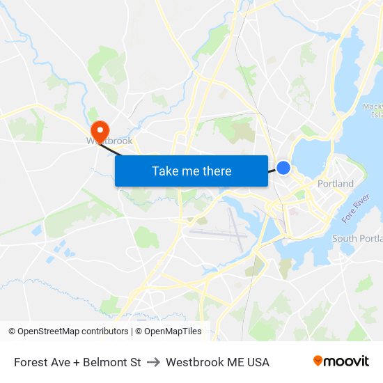 Forest Ave + Belmont St to Westbrook ME USA map