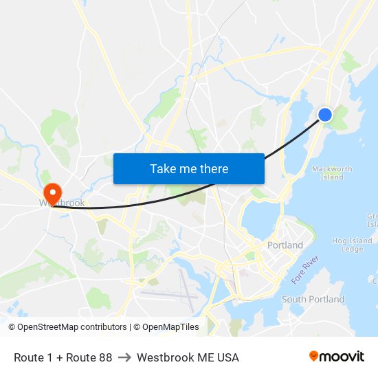 Route 1 + Route 88 to Westbrook ME USA map