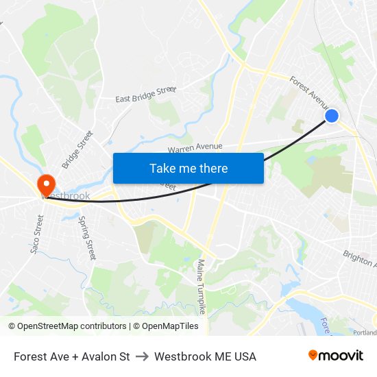 Forest Ave + Avalon St to Westbrook ME USA map