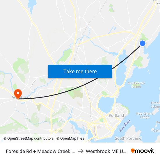 Foreside Rd + Meadow Creek Ln to Westbrook ME USA map