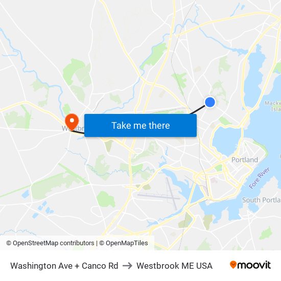 Washington Ave + Canco Rd to Westbrook ME USA map