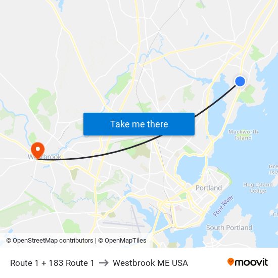 Route 1 + 183 Route 1 to Westbrook ME USA map