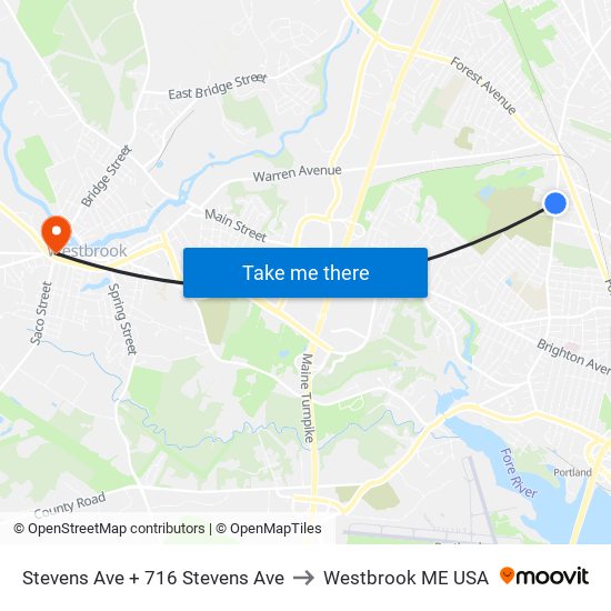 Stevens Ave + 716 Stevens Ave to Westbrook ME USA map