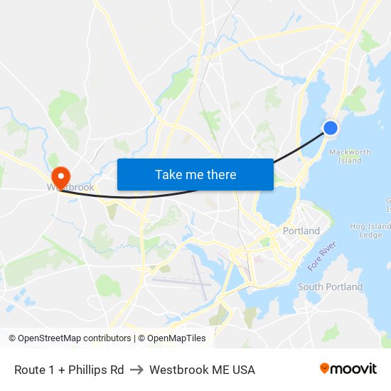 Route 1 + Phillips Rd to Westbrook ME USA map