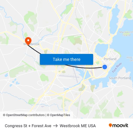 Congress St + Forest Ave to Westbrook ME USA map