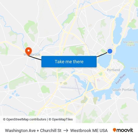 Washington Ave + Churchill St to Westbrook ME USA map