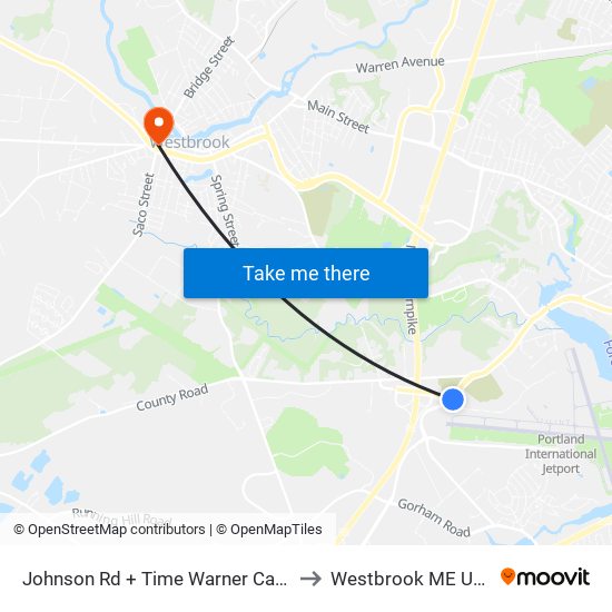 Johnson Rd + Time Warner Cable to Westbrook ME USA map