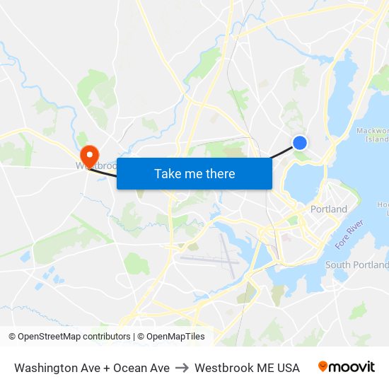 Washington Ave + Ocean Ave to Westbrook ME USA map