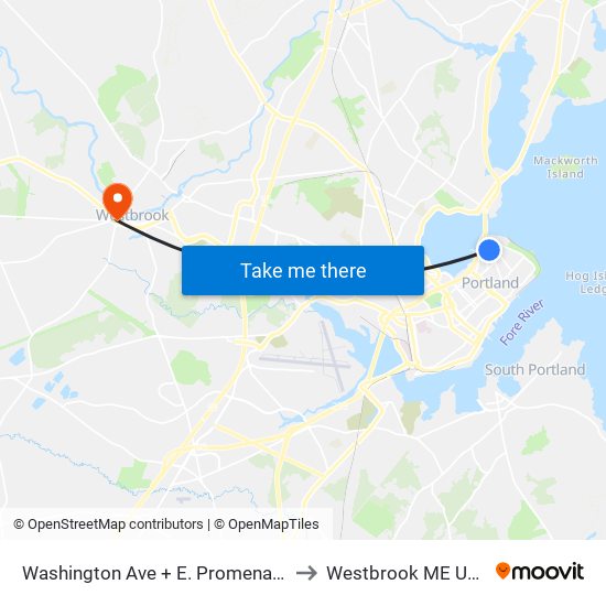 Washington Ave + E. Promenade to Westbrook ME USA map