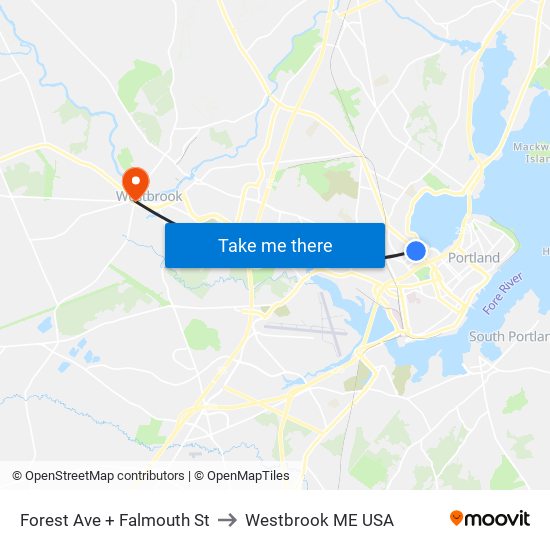 Forest Ave + Falmouth St to Westbrook ME USA map