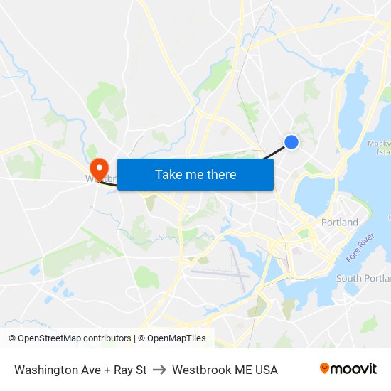 Washington Ave + Ray St to Westbrook ME USA map