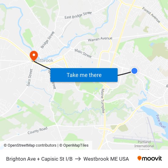 Brighton Ave + Capisic St I/B to Westbrook ME USA map