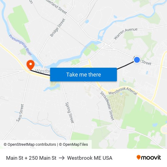Main St + 250 Main St to Westbrook ME USA map