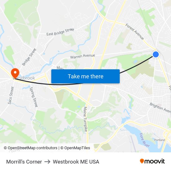 Morrill's Corner to Westbrook ME USA map